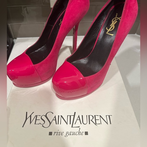 Saint Laurent Tribute Two Patent-Cap Suede Pump, Fuchsia - Picture 2 of 5